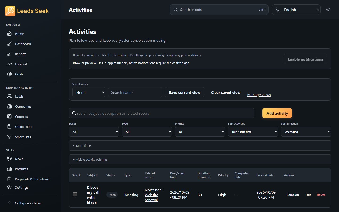Activities · Example workspace