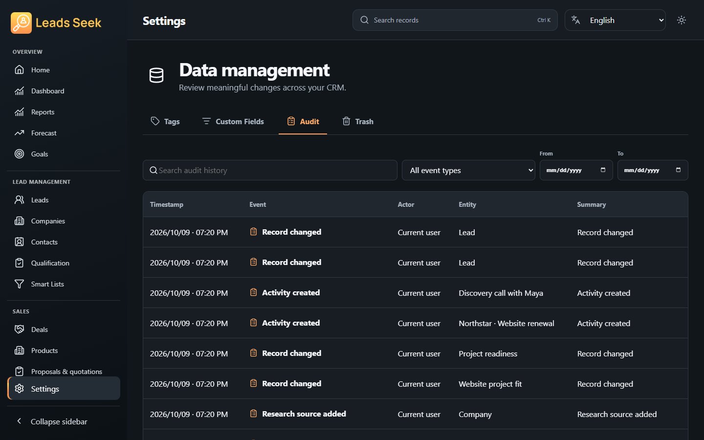 Audit history · Example workspace
