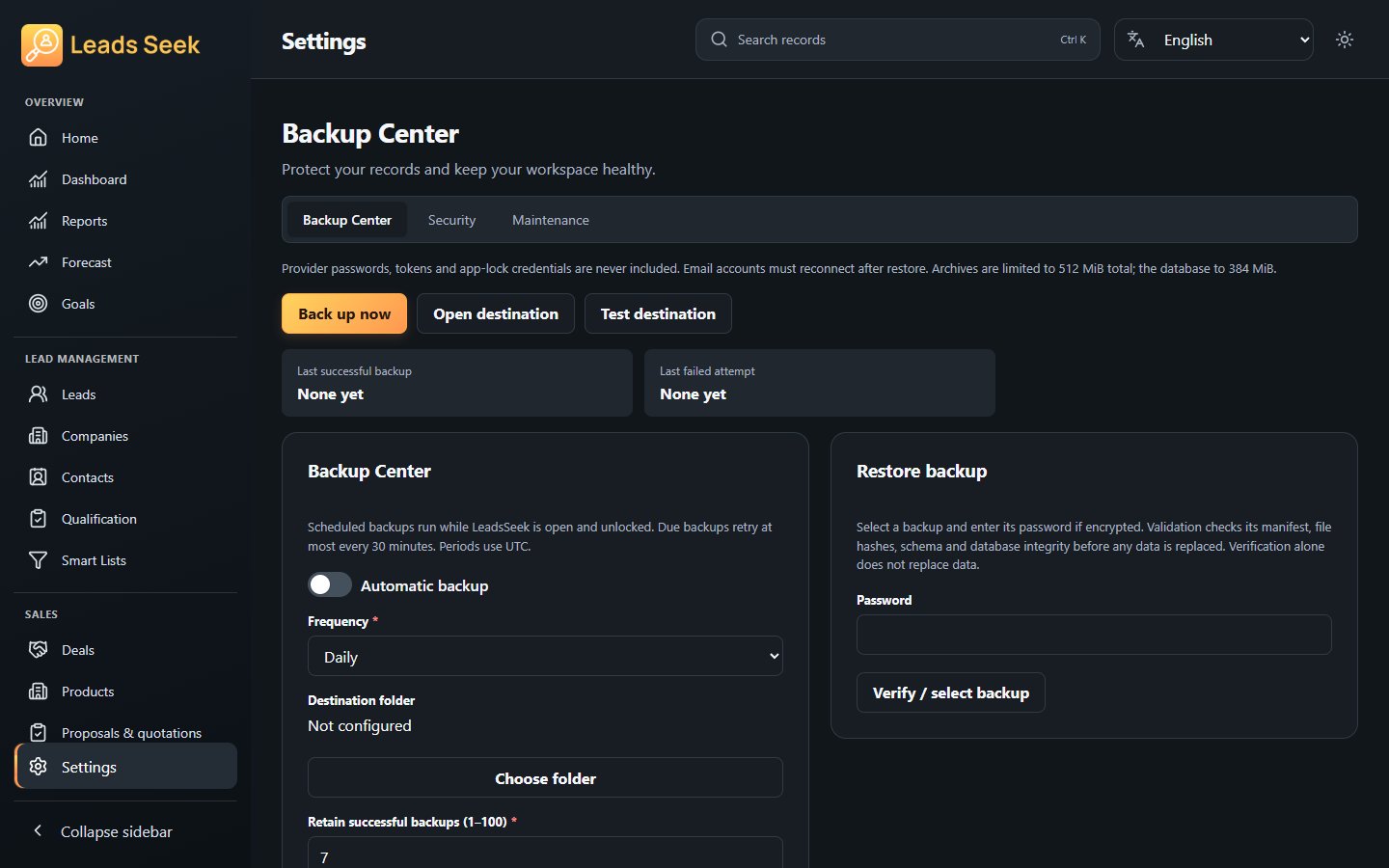 Backup & restore · Example workspace