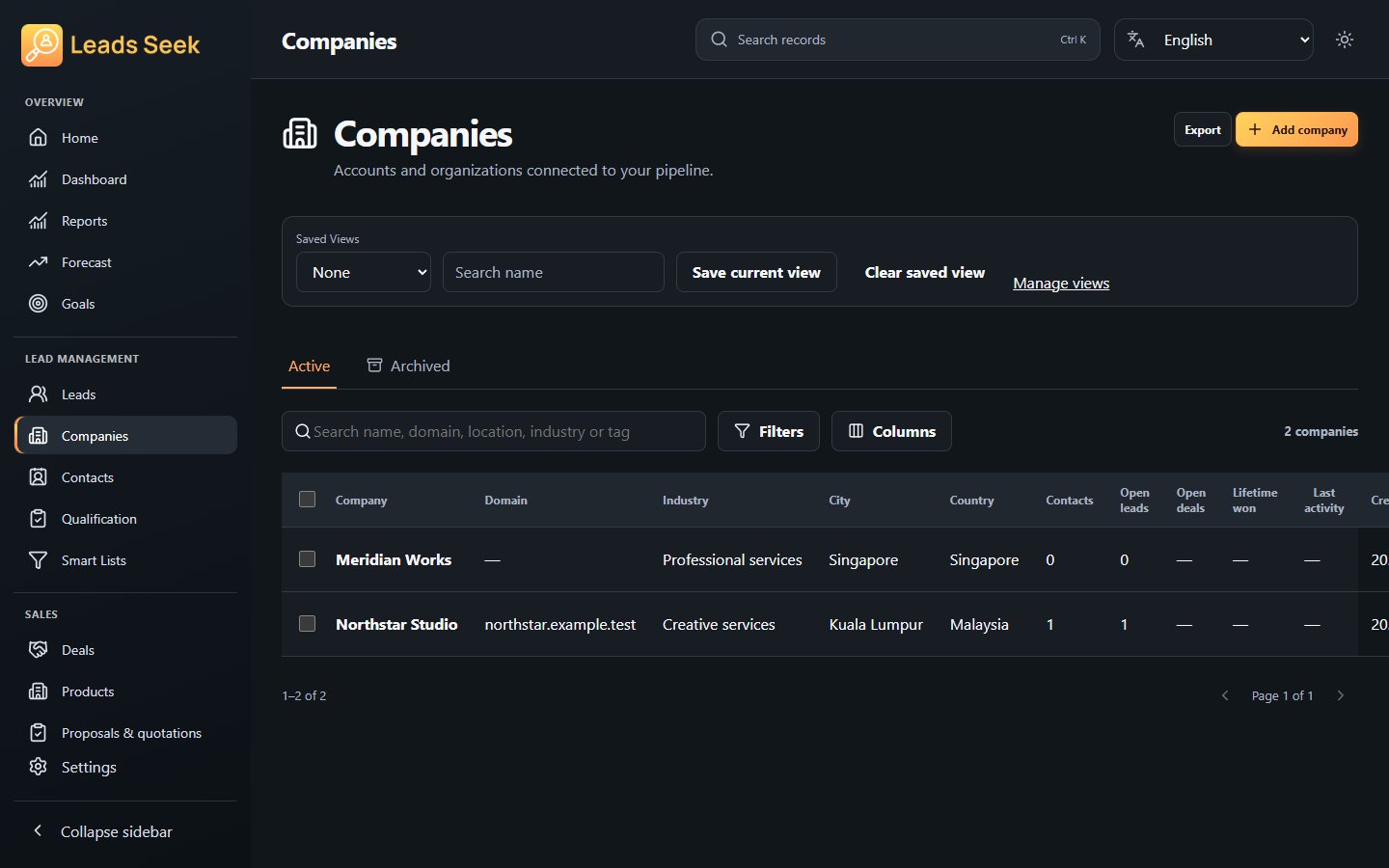 Companies · Example workspace