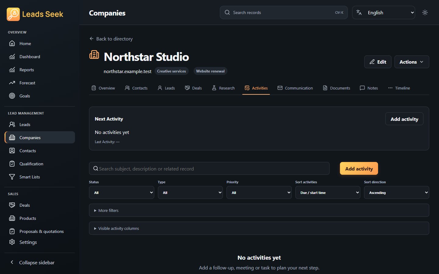Company · Activities · Example workspace