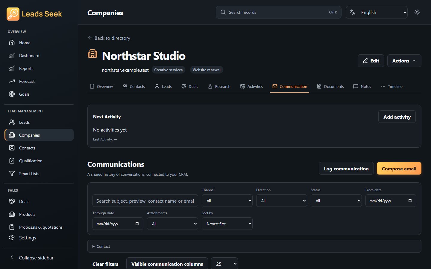 Company · Communications · Example workspace
