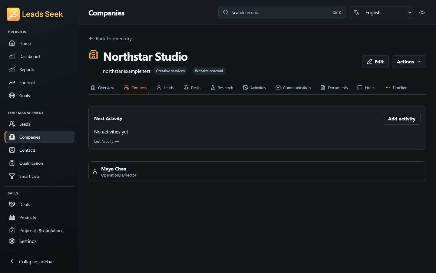 Company · Contacts · Example workspace