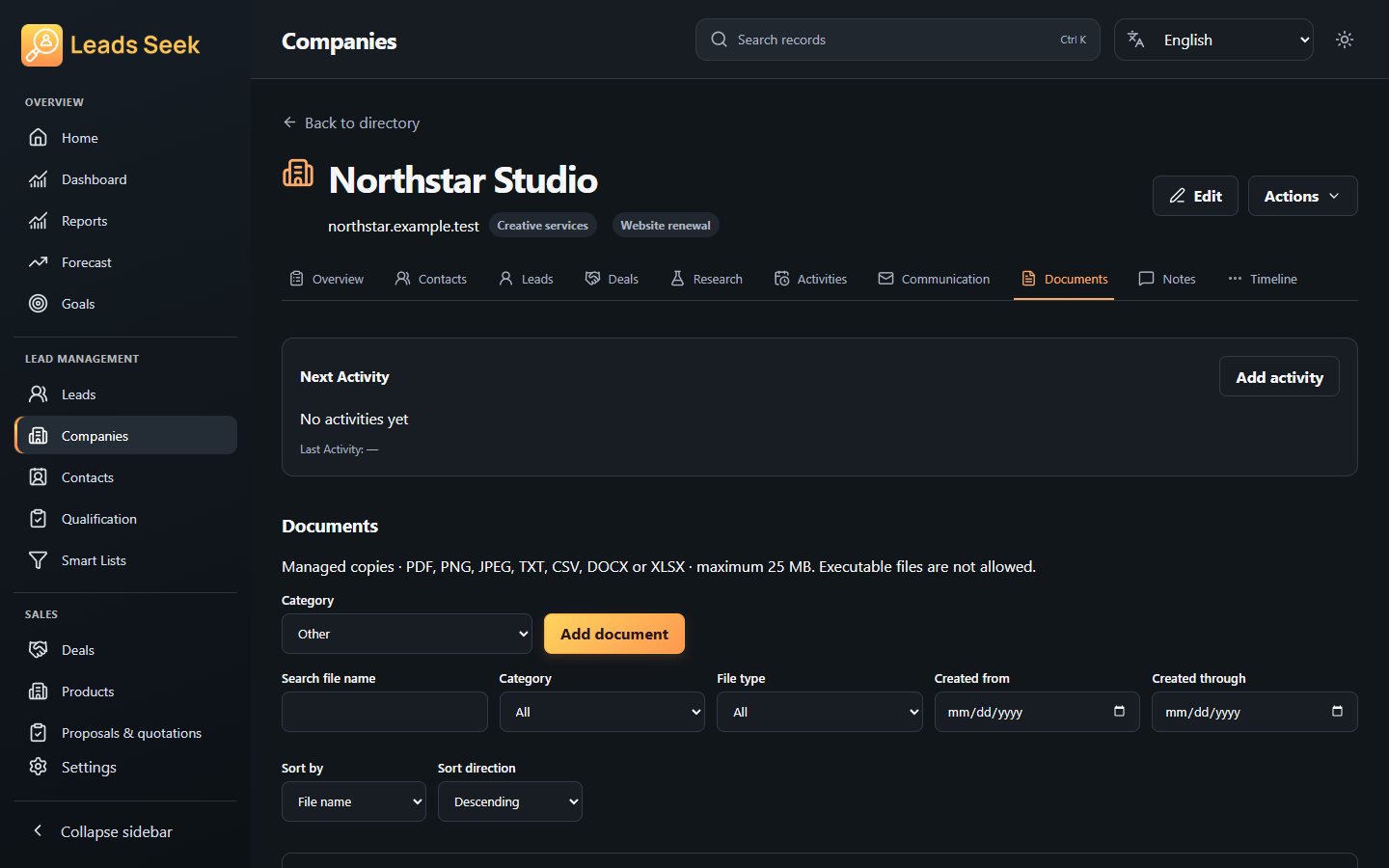 Company · Documents · Example workspace
