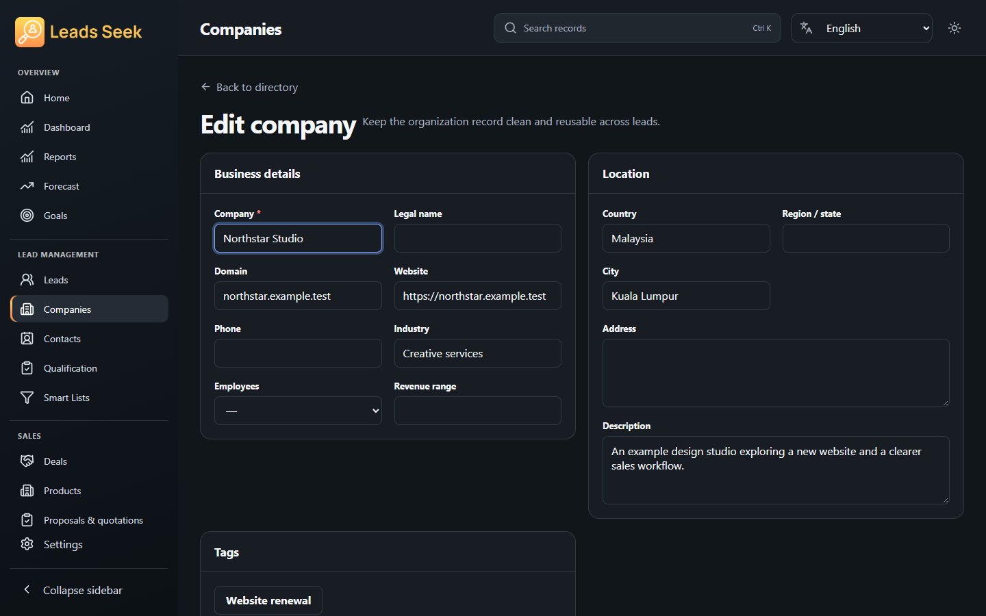 Edit company · Example workspace