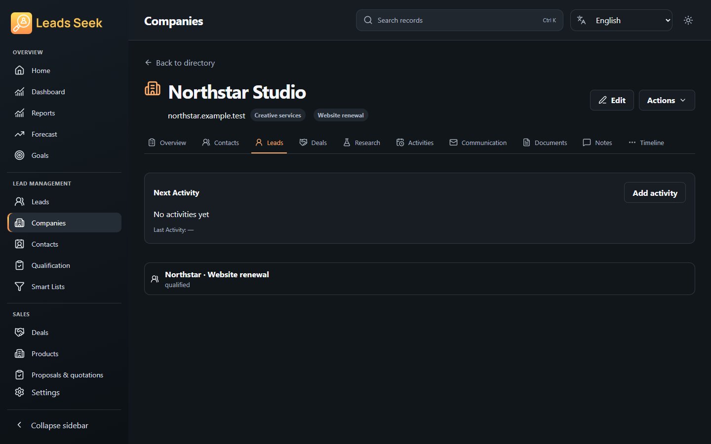 Company · Leads · Example workspace