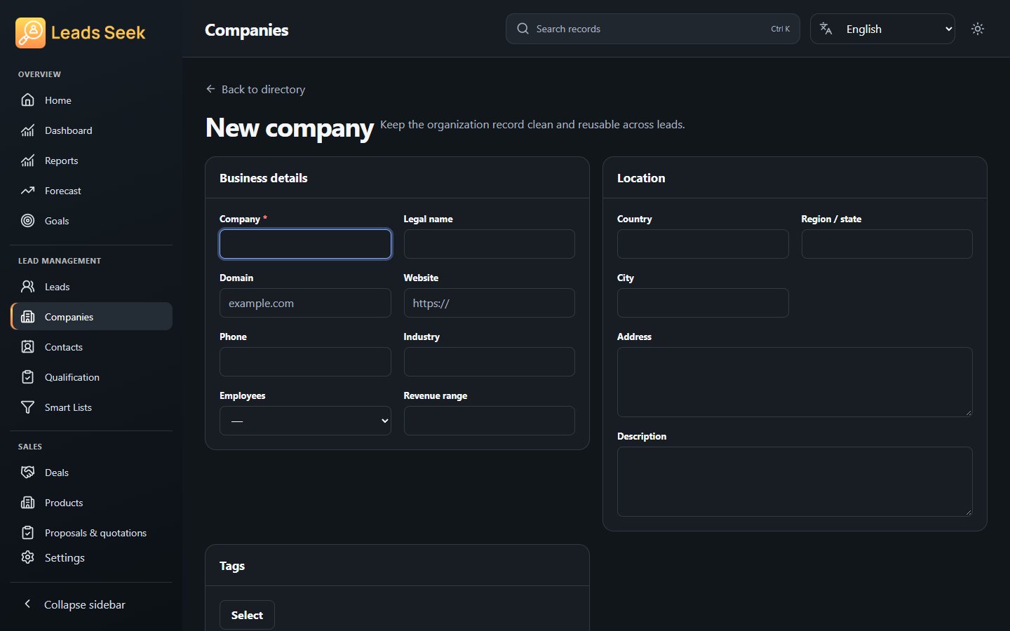 Create company · Example workspace
