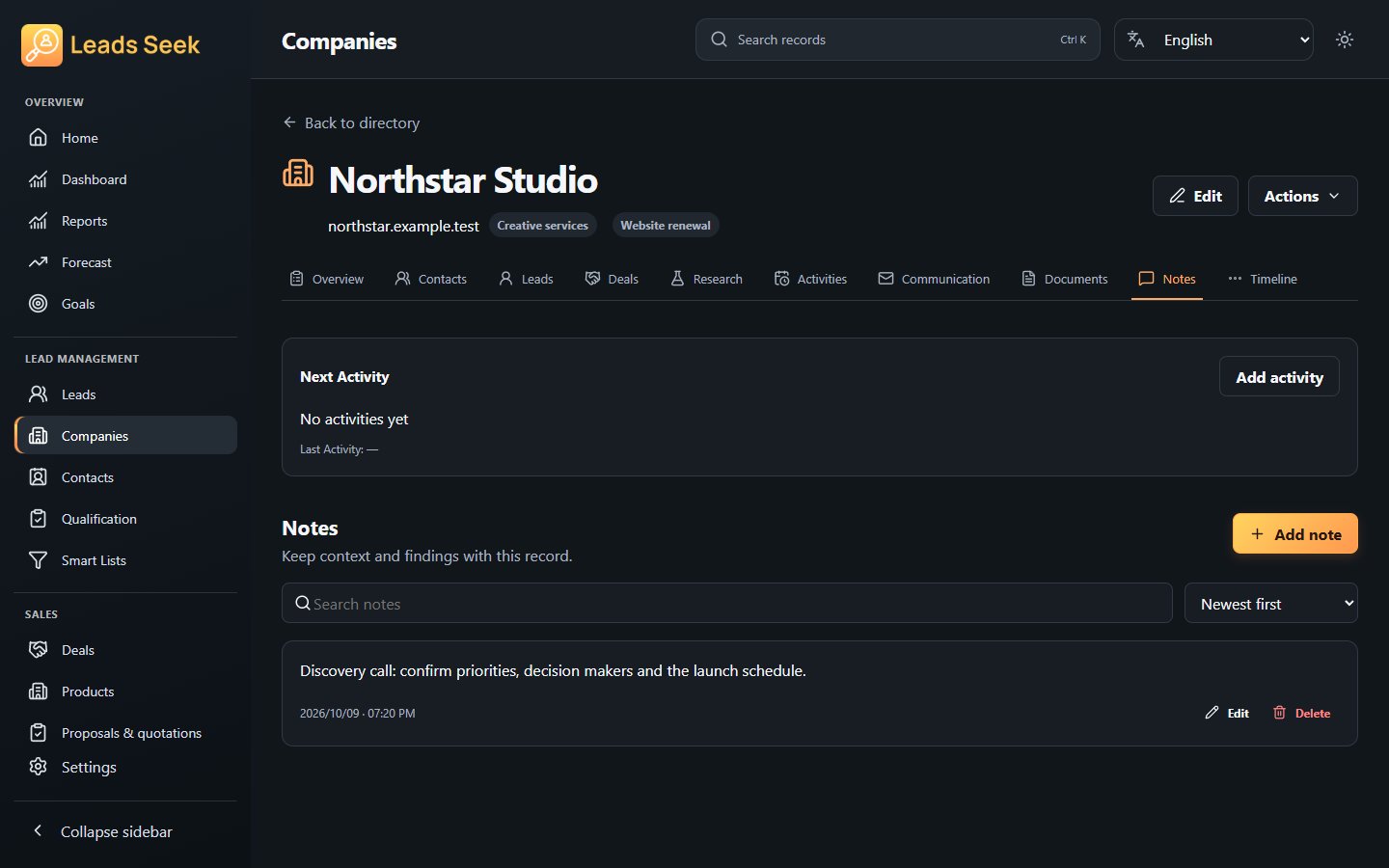 Company · Notes · Example workspace
