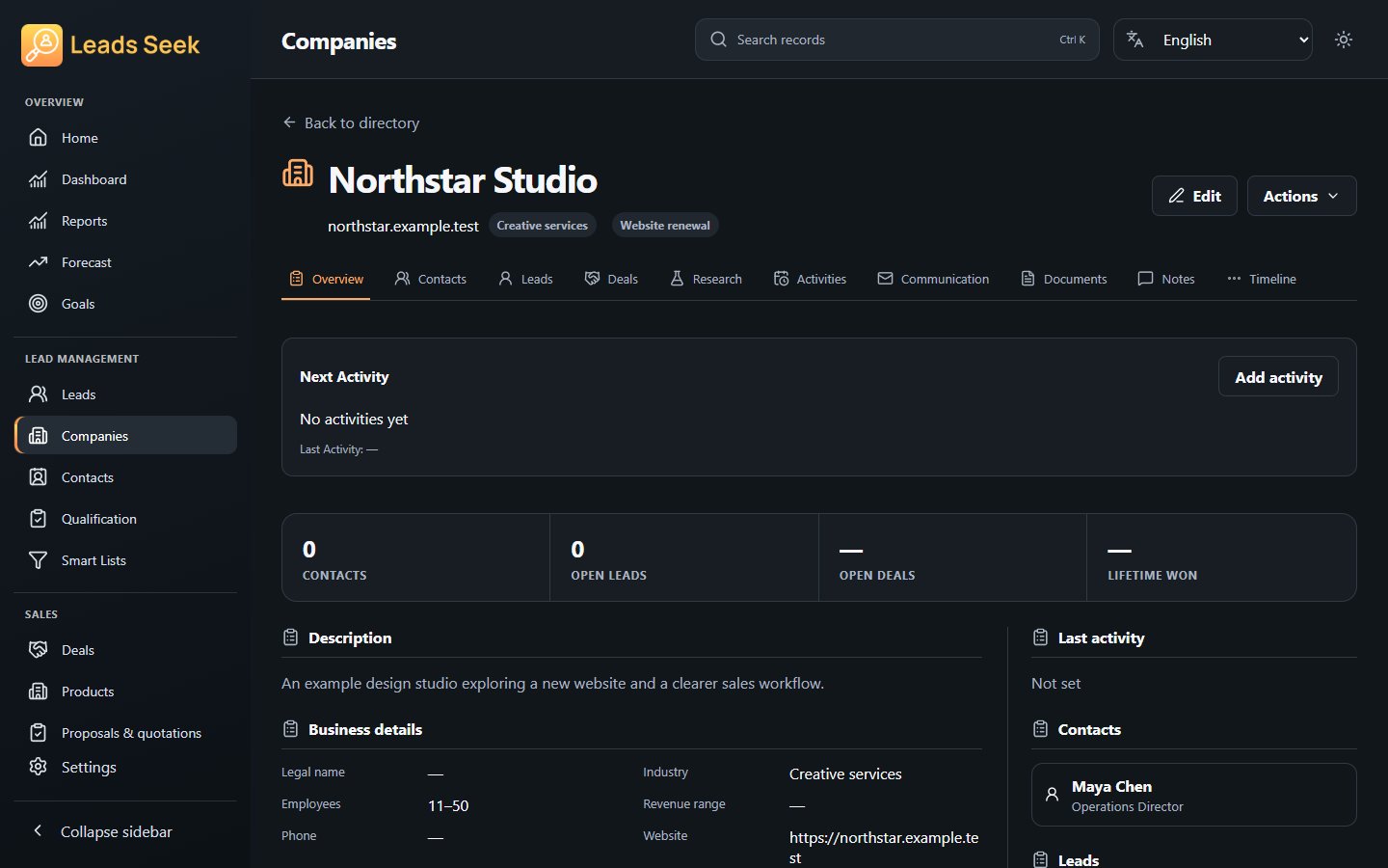Company · Overview · Example workspace