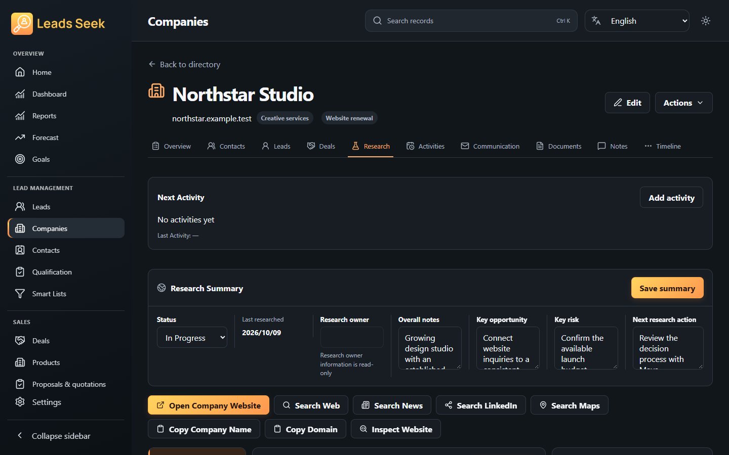 Company · Research · Example workspace