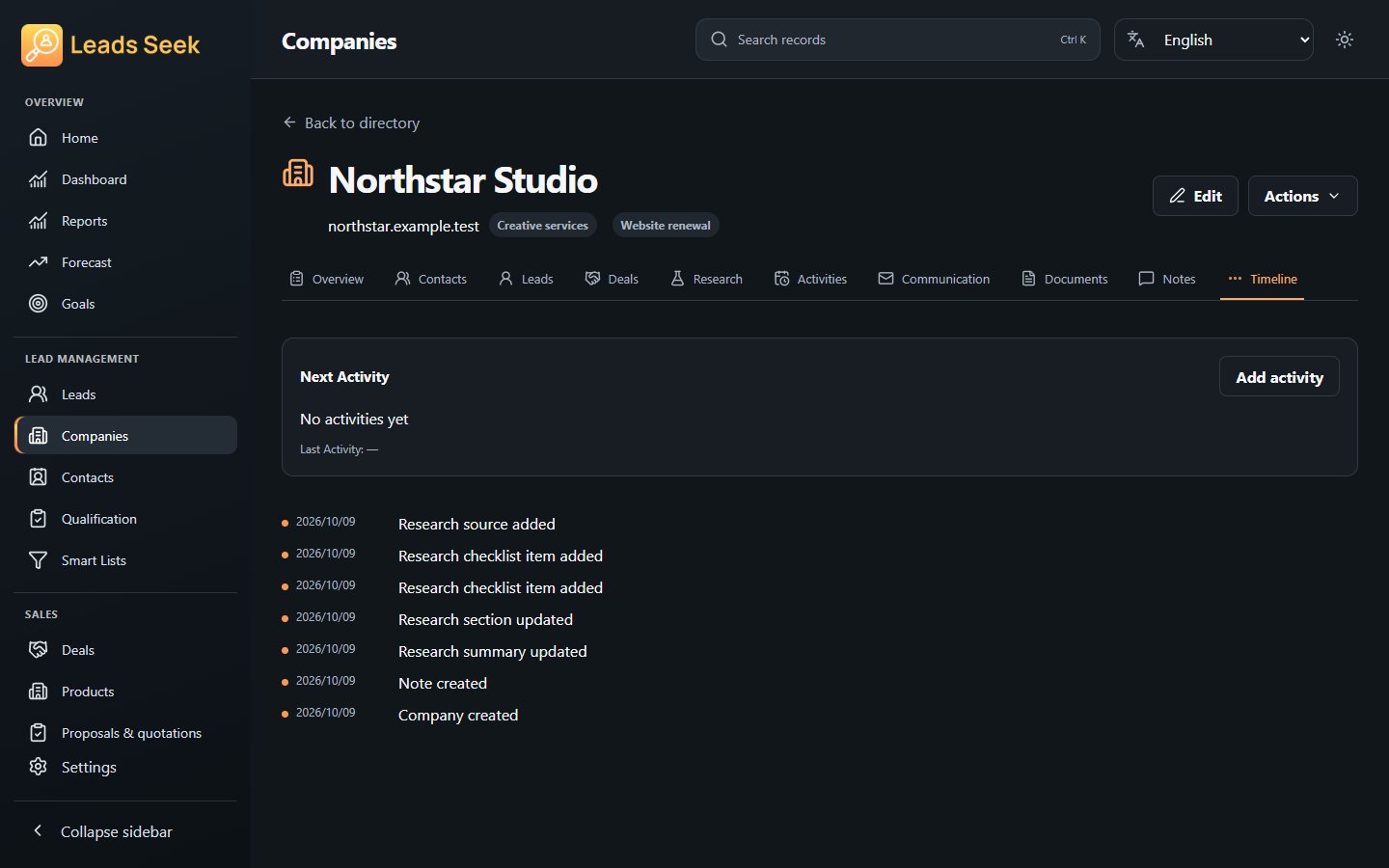 Company · Timeline · Example workspace