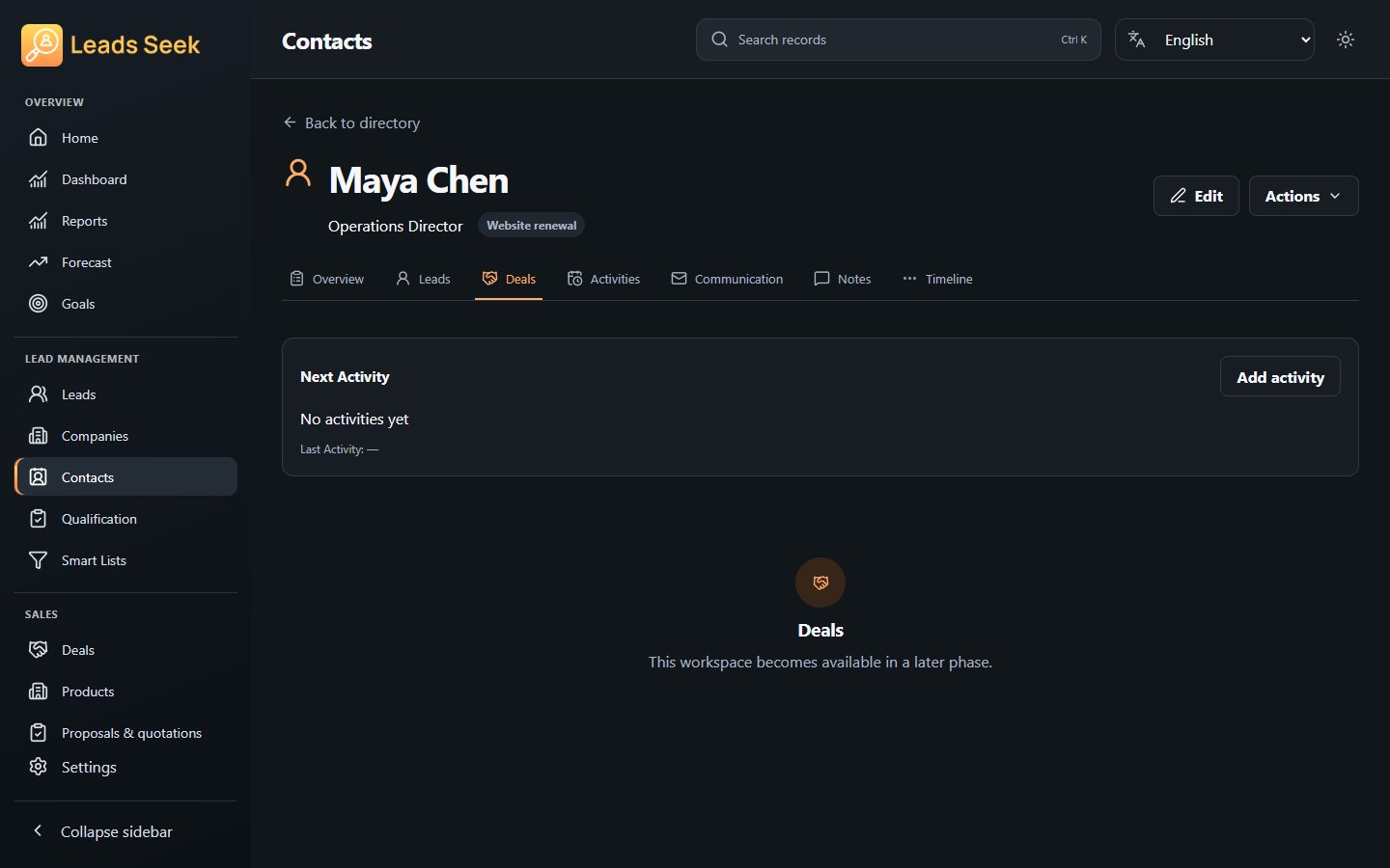 Contact · Deals · Example workspace
