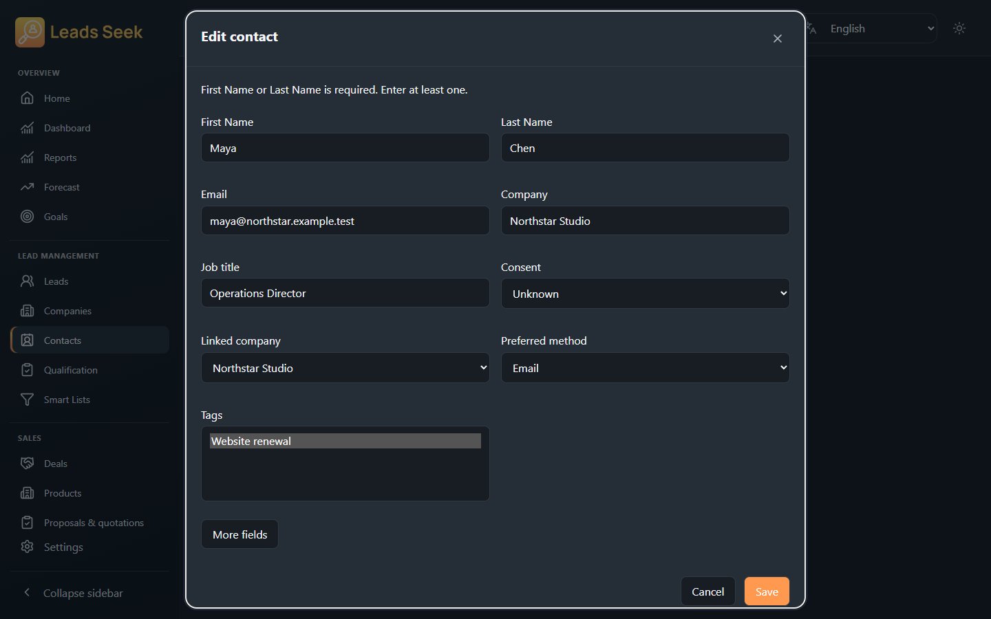 Edit contact · Example workspace