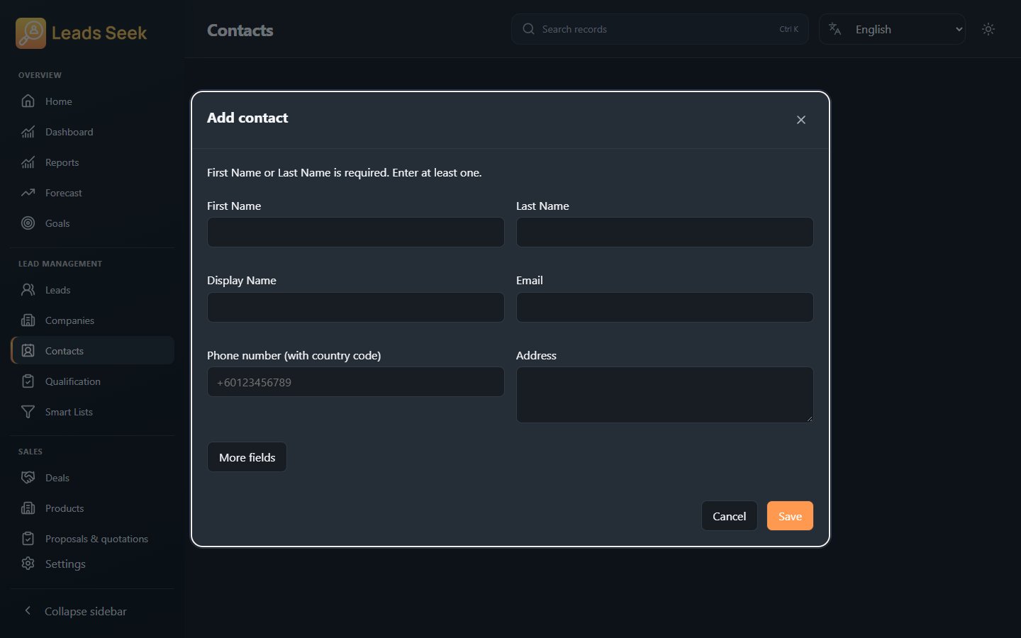 Create contact · Example workspace