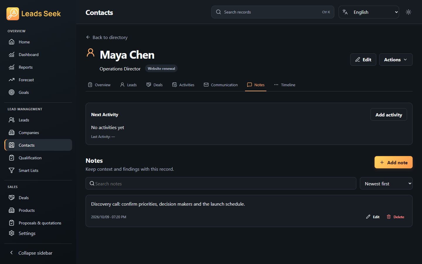 Contact · Notes · Example workspace