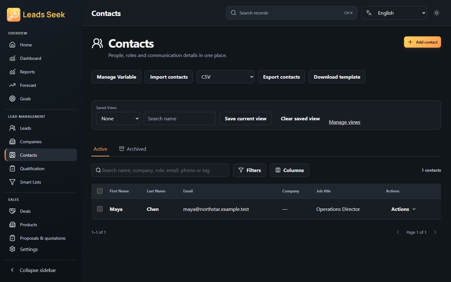 Contacts · Example workspace