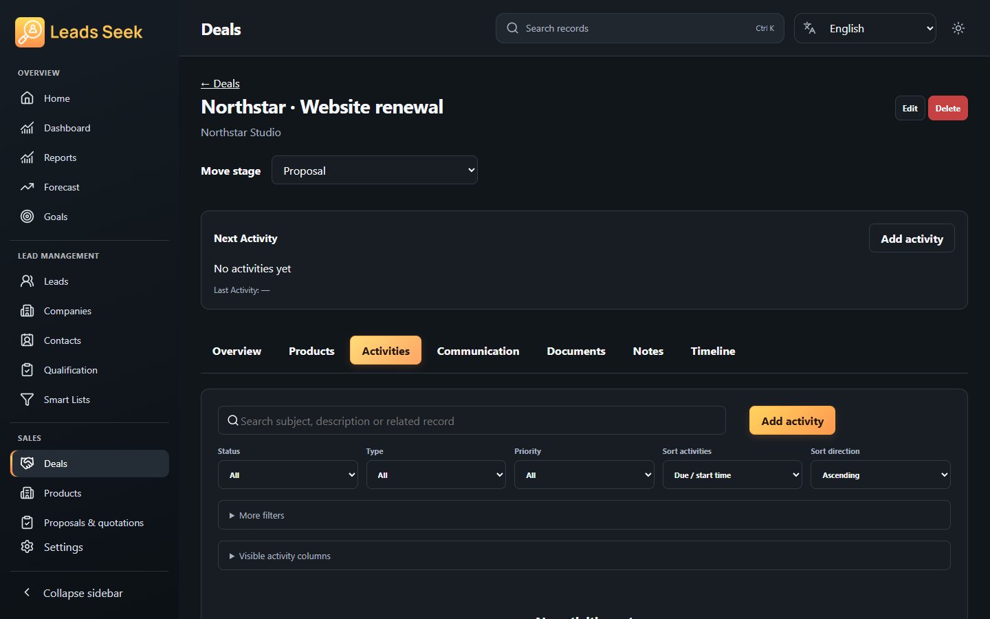 Deal · Activities · Example workspace