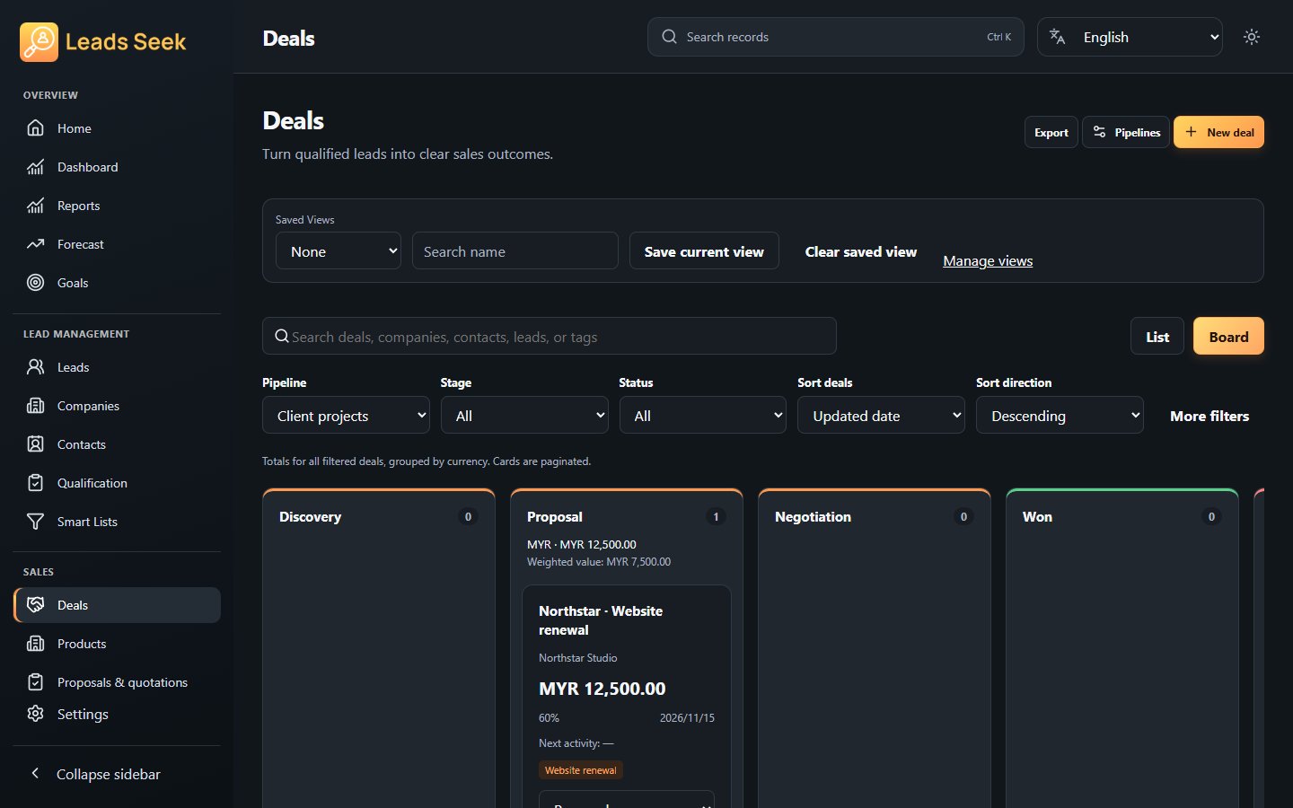 Sales pipeline board · Example workspace