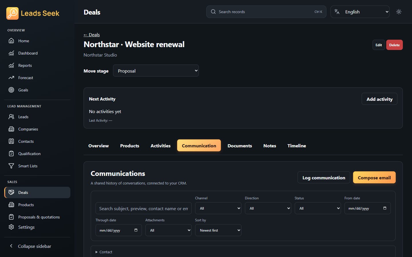 Deal · Communications · Example workspace