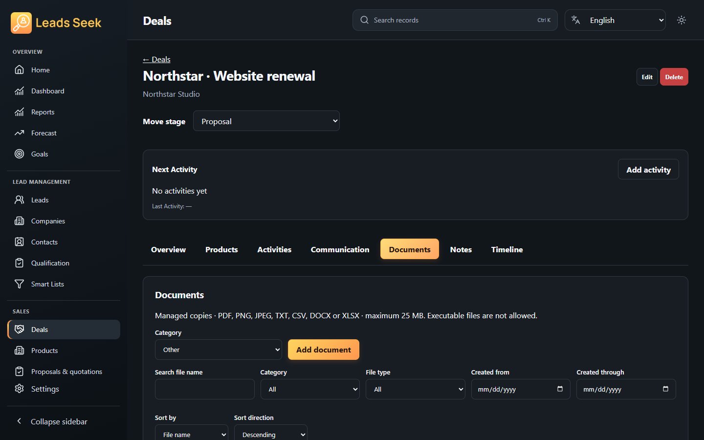 Deal · Documents · Example workspace