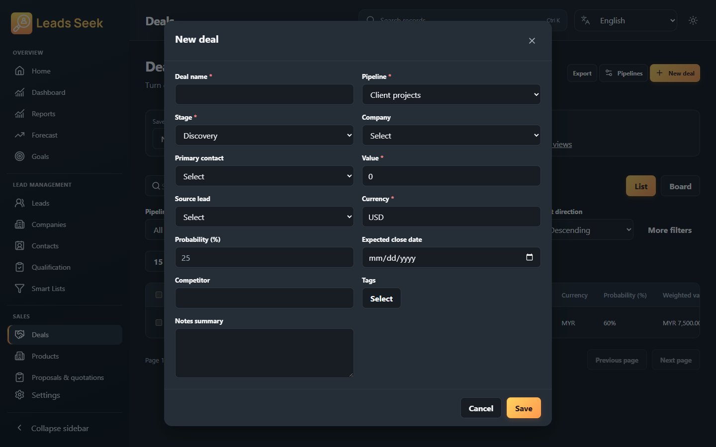 Create deal · Example workspace