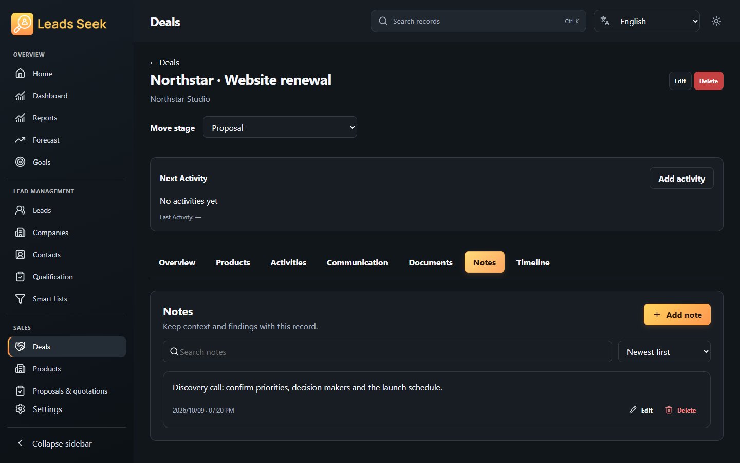 Deal · Notes · Example workspace