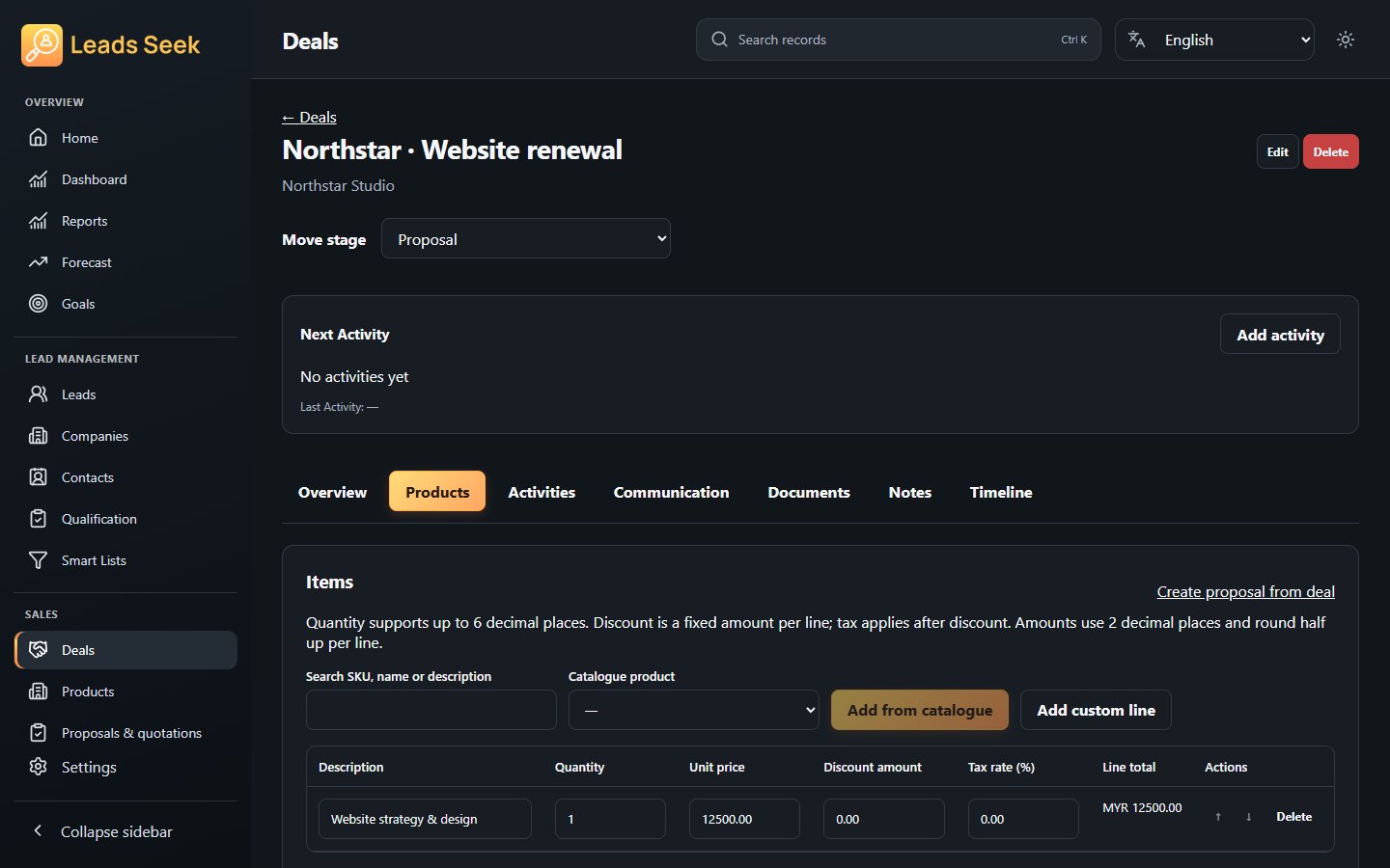 Deal · Products · Example workspace