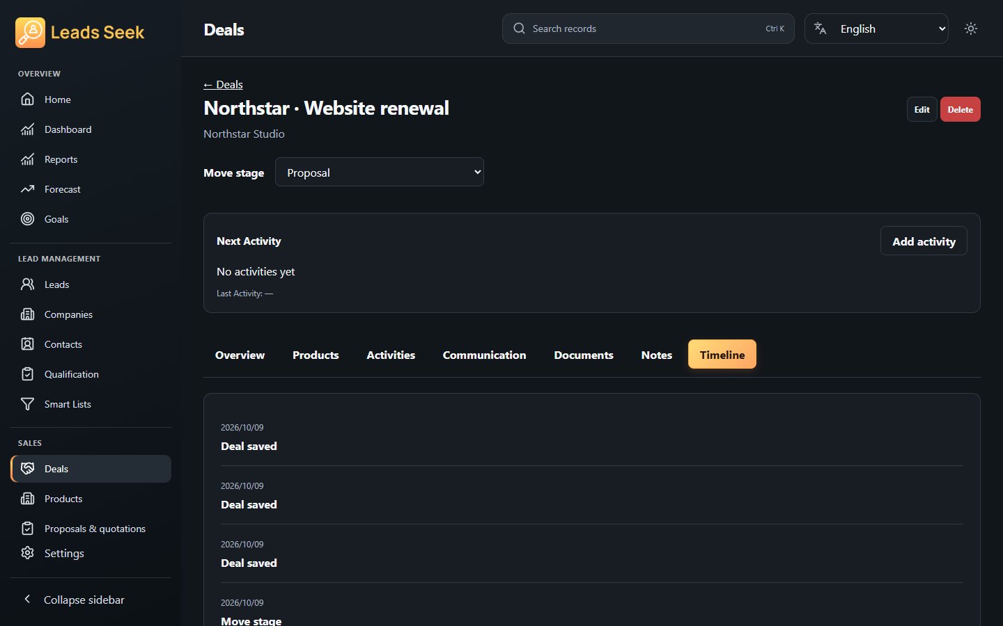 Deal · Timeline · Example workspace