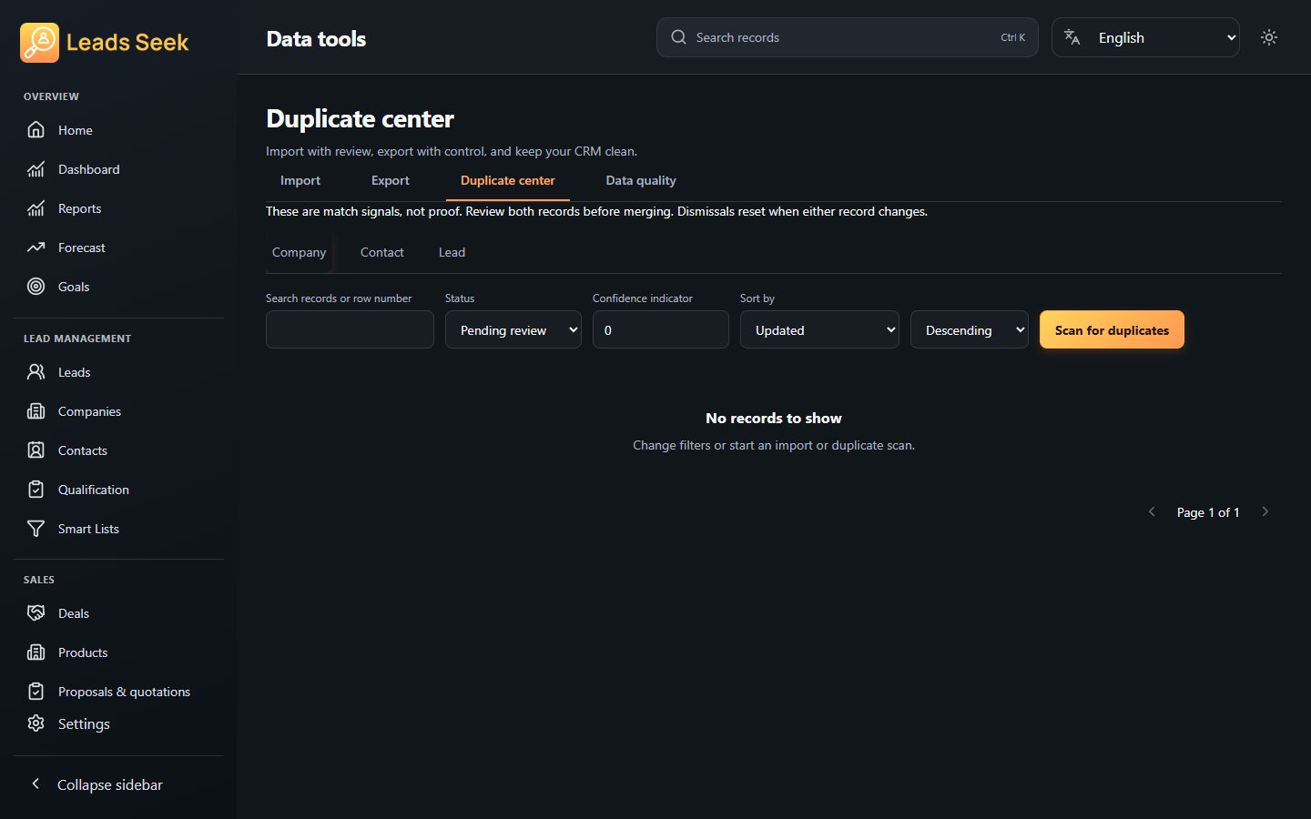 Duplicate review · Example workspace