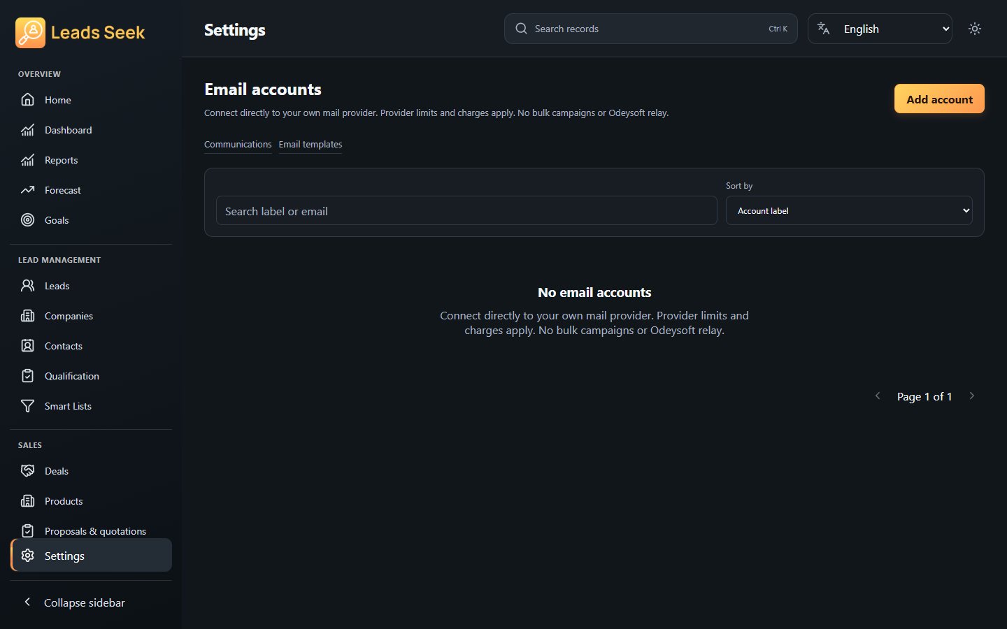 Email accounts · Example workspace