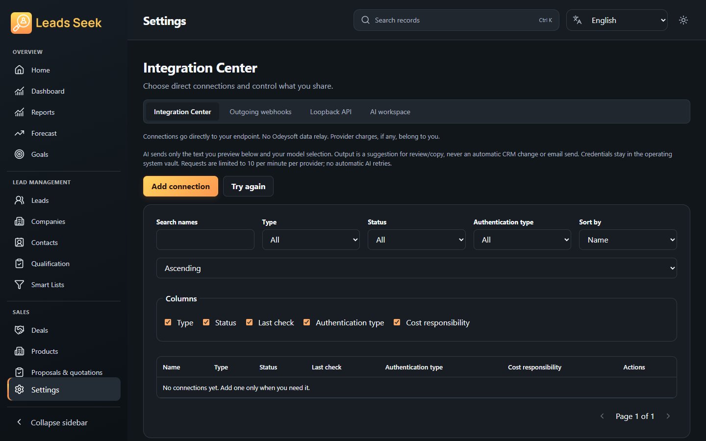 Integration center · Example workspace