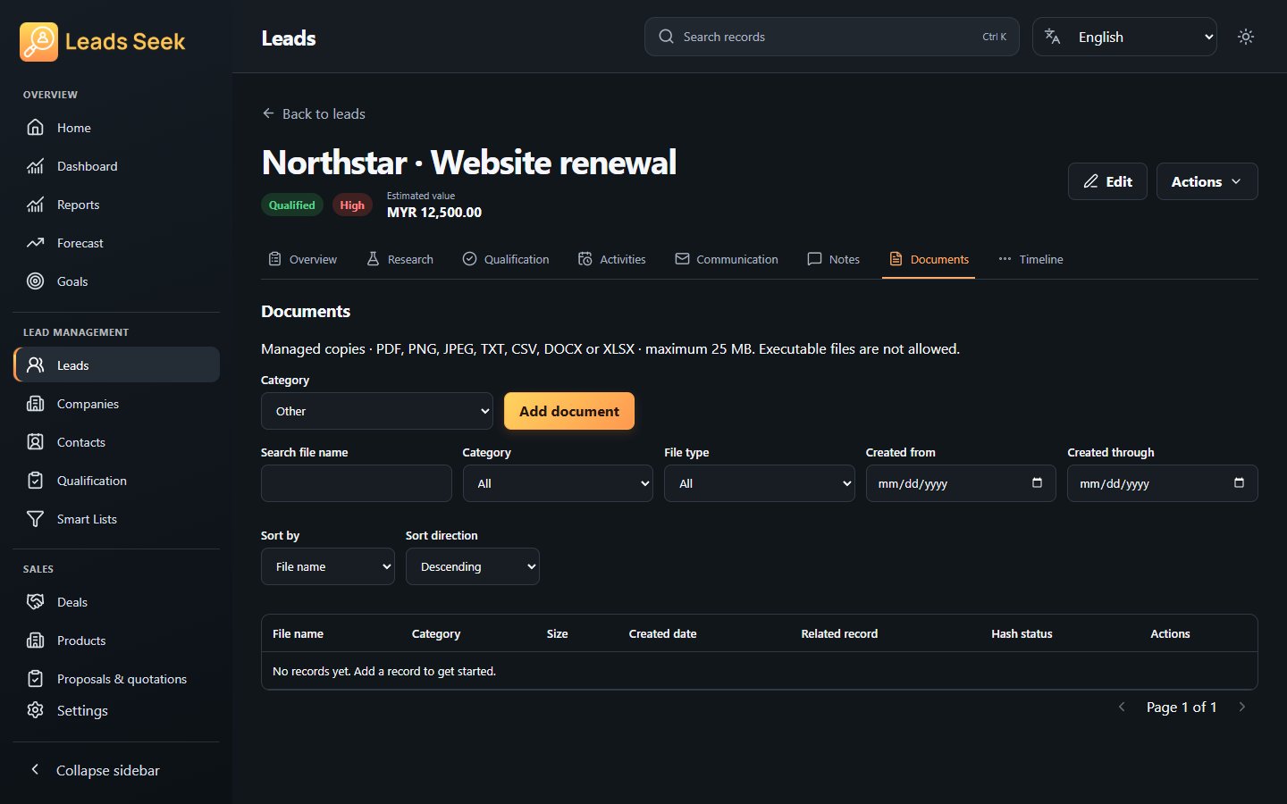Lead · Documents · Example workspace