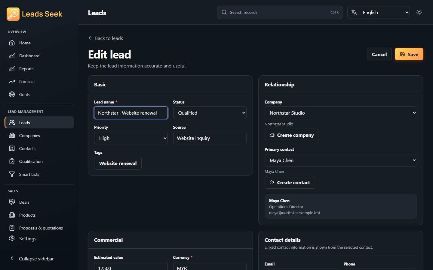 Edit lead · Example workspace