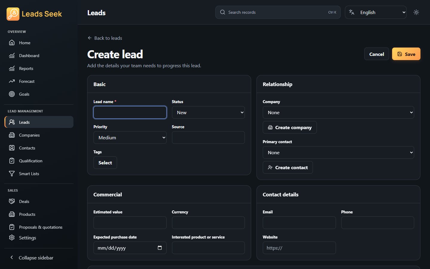 Create lead · Example workspace