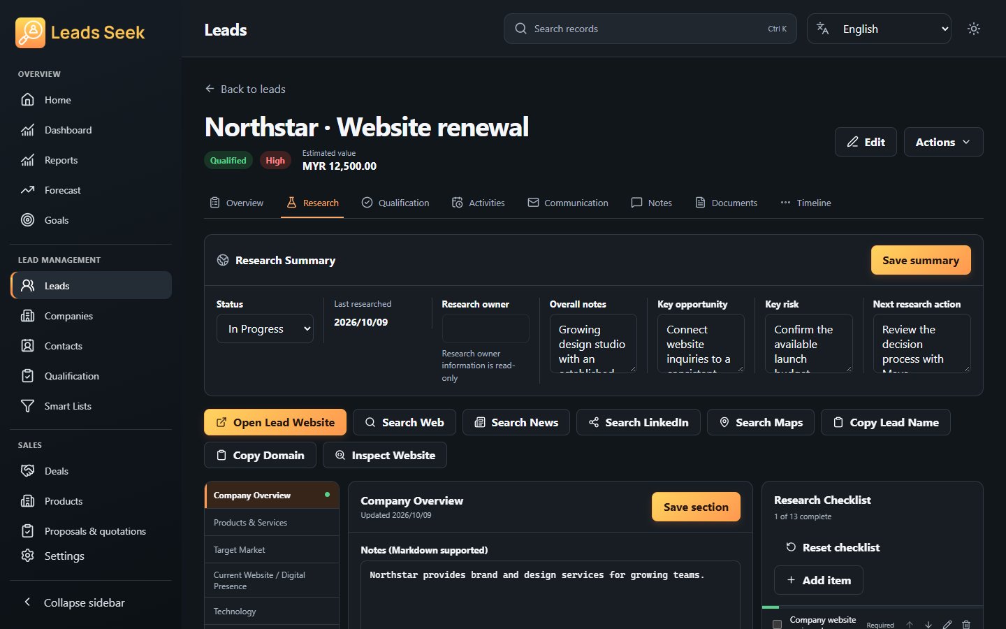 Research a business · Example workspace · English app preview