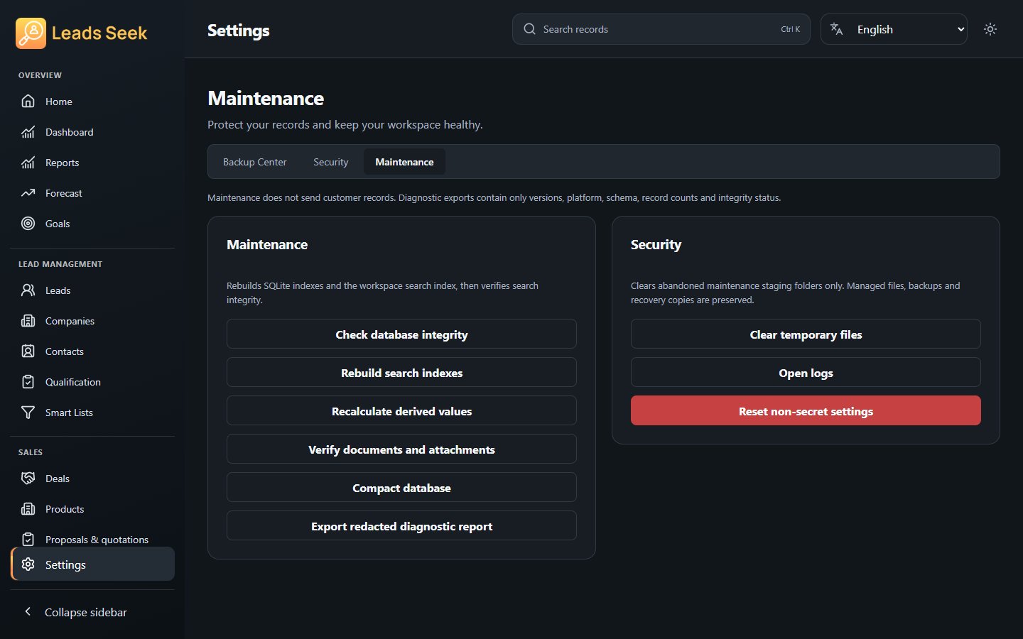 Maintenance · Example workspace