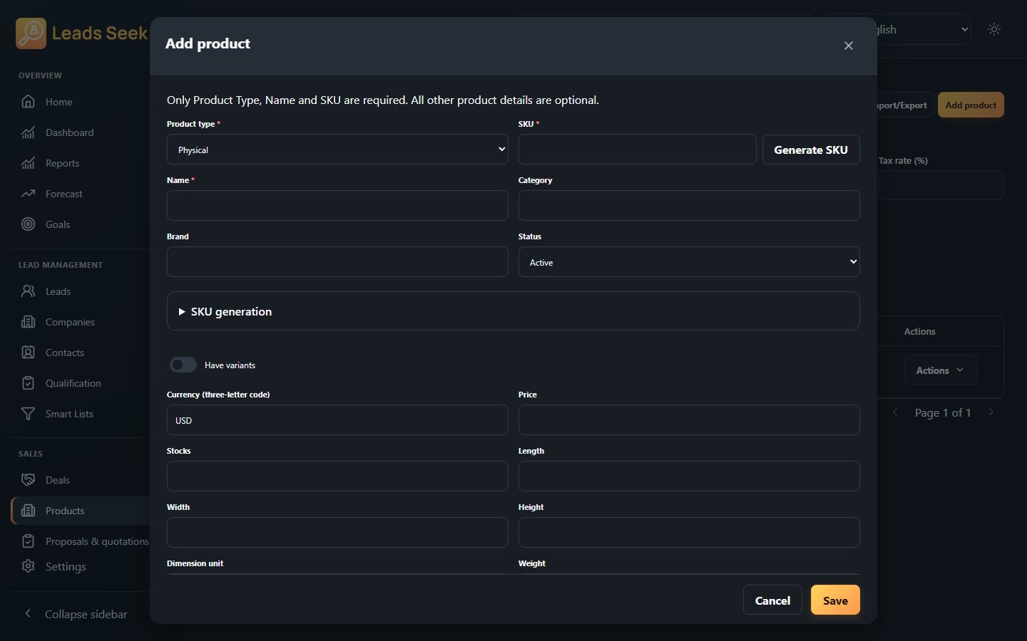 Create product · Example workspace