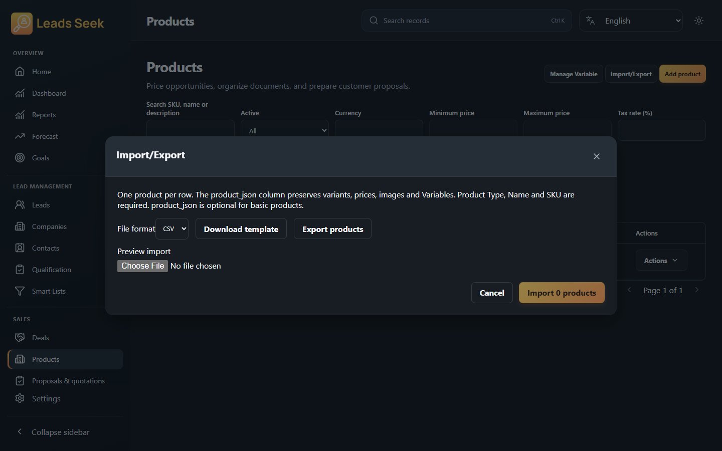 Product Import/Export · Example workspace