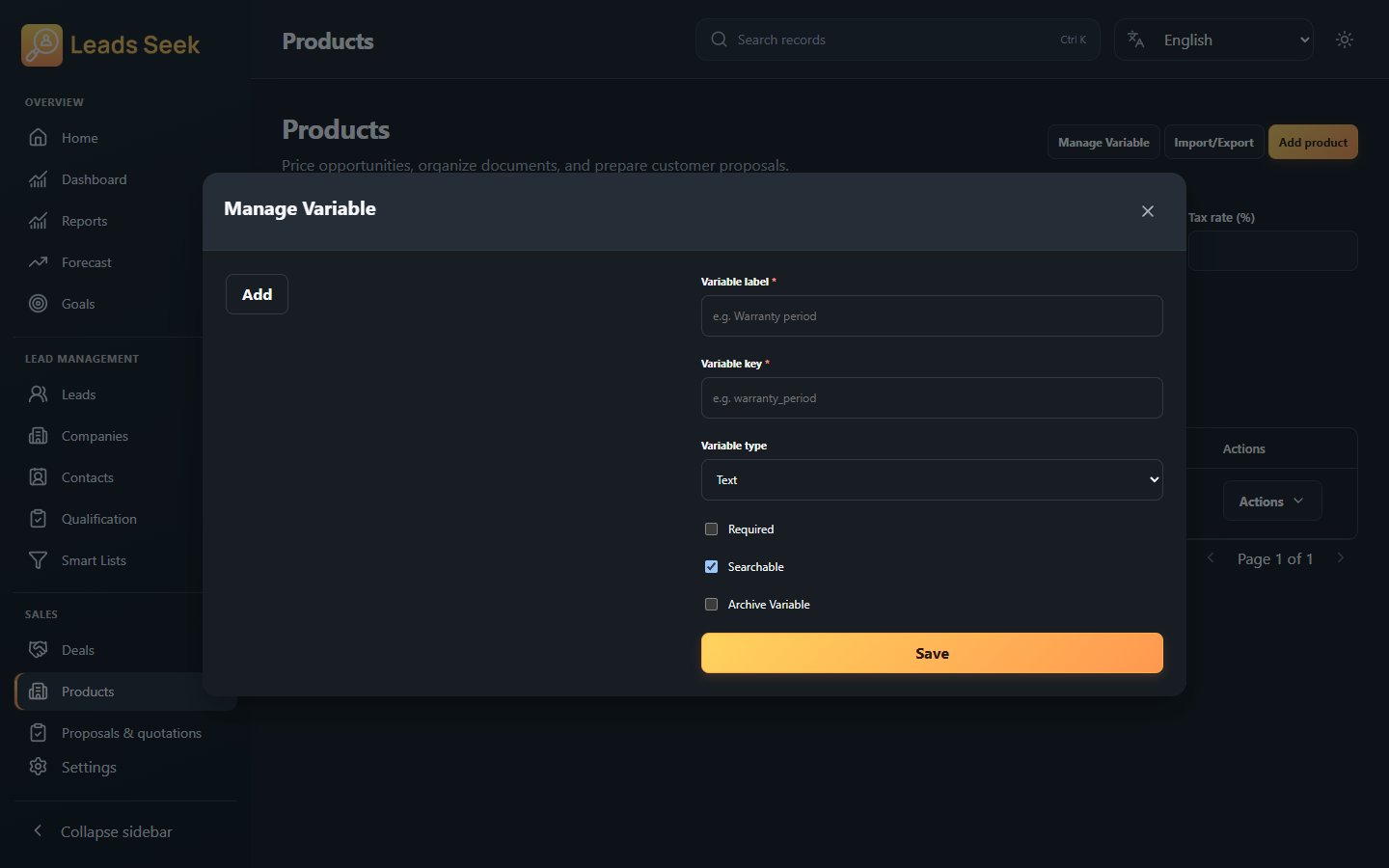 Product Variables · Example workspace