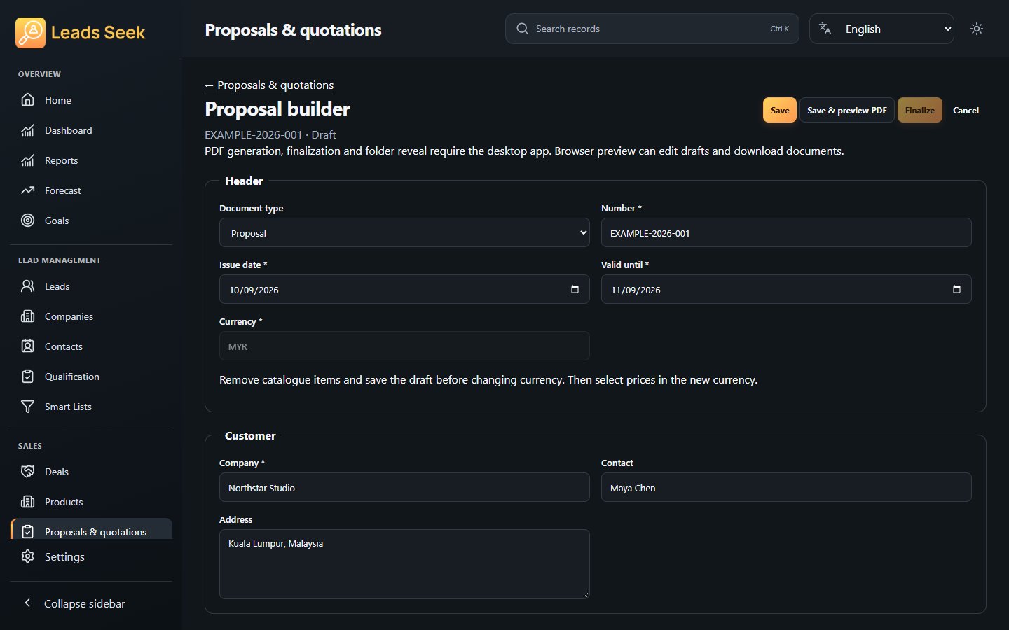 Proposal builder · Example workspace