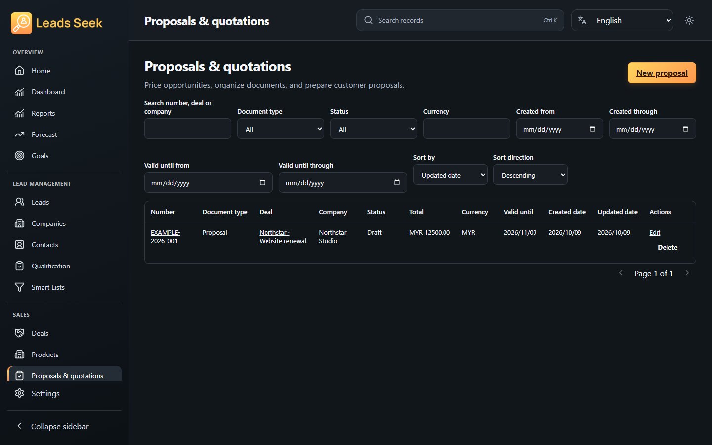 Proposals & quotations · Example workspace