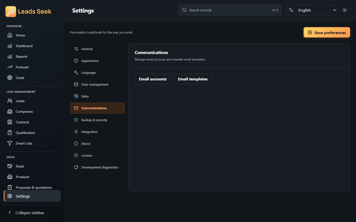 Communication settings · Example workspace