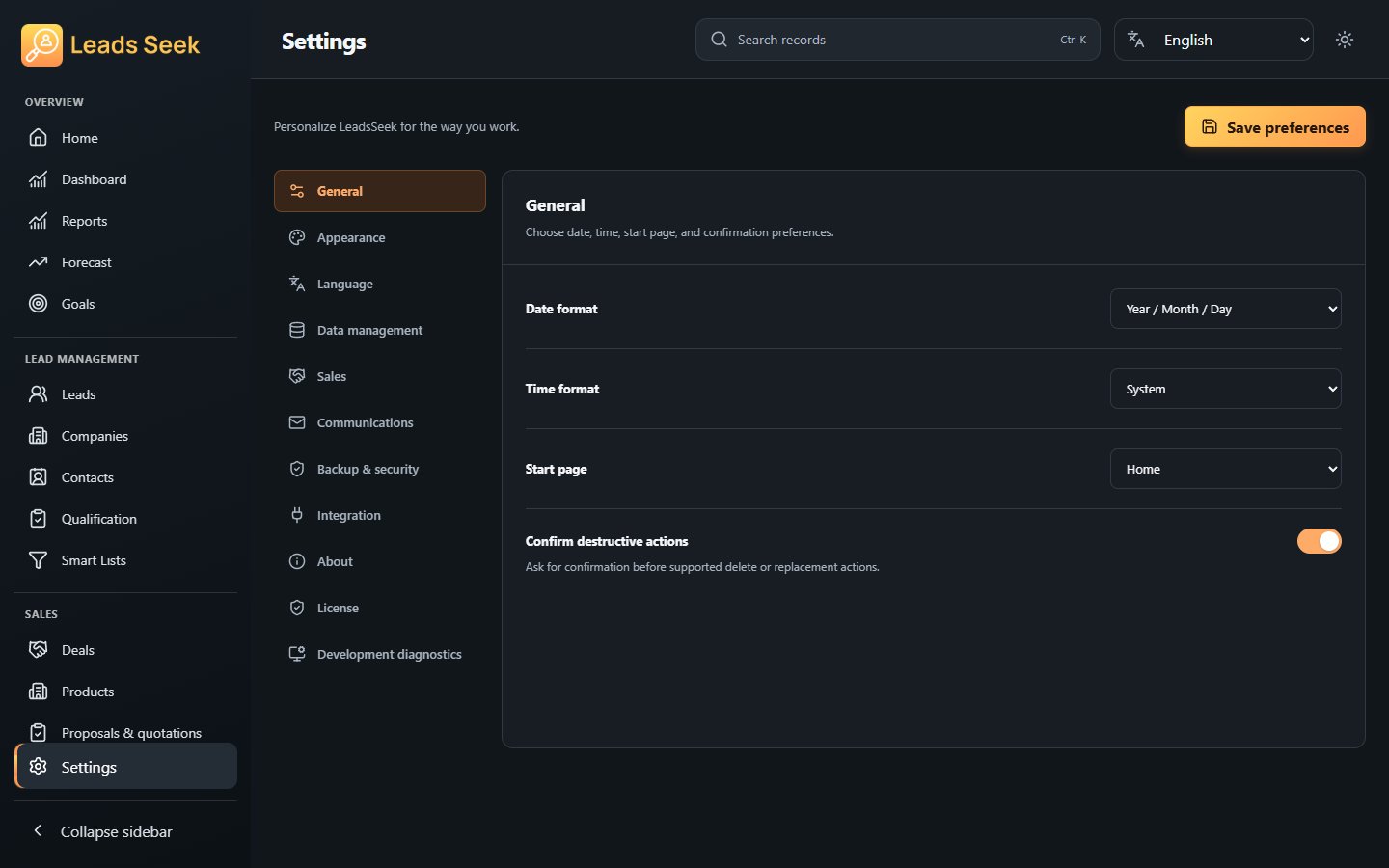 General settings · Example workspace