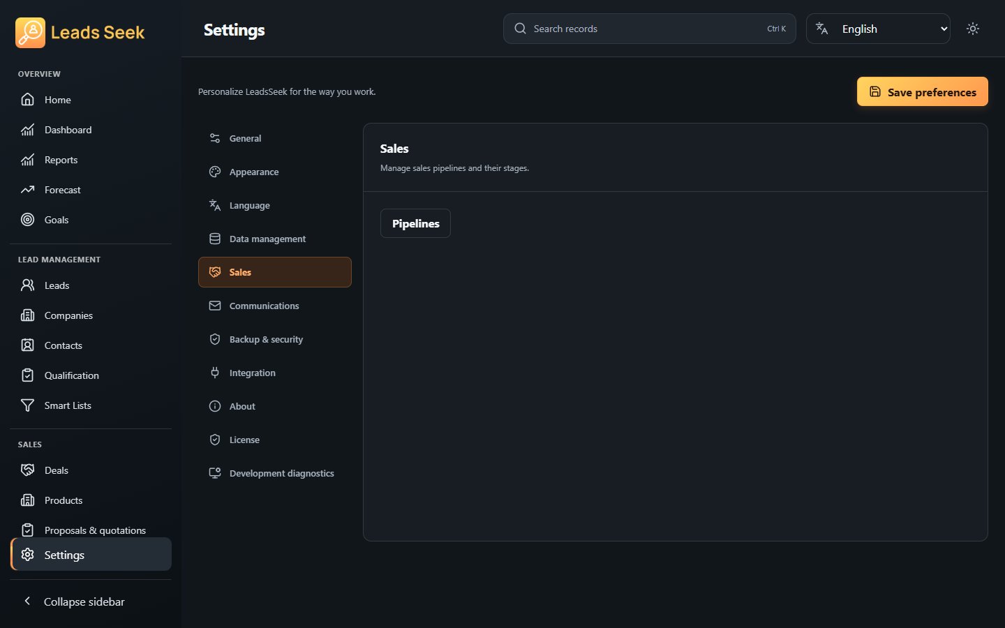 Sales settings · Example workspace